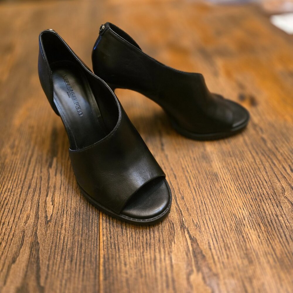 KARL LAGERFELD Paris Brette/D21 Black Leather Peep Toe Ulta-high Pump size 8 - Picture 10 of 11